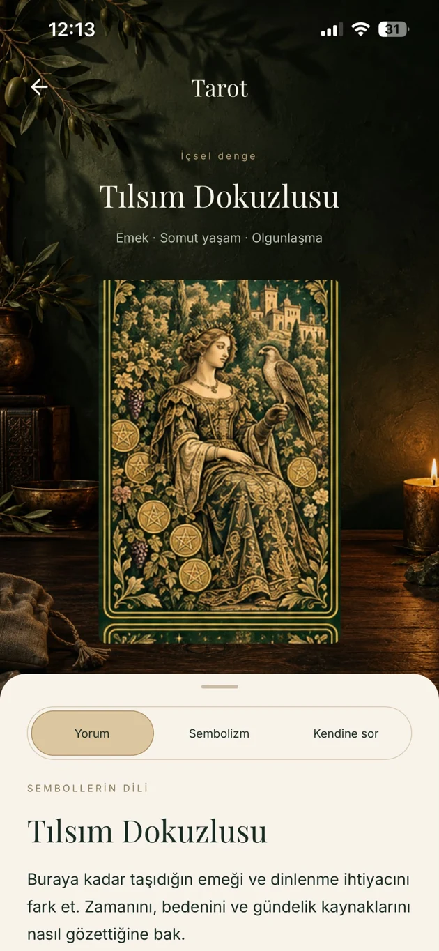 Mystic Cross iPhone uygulamasındaki gerçek tarot yorum ekranı