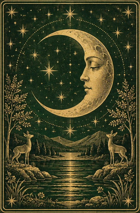 Altın işlemeli Ay tarot kartı